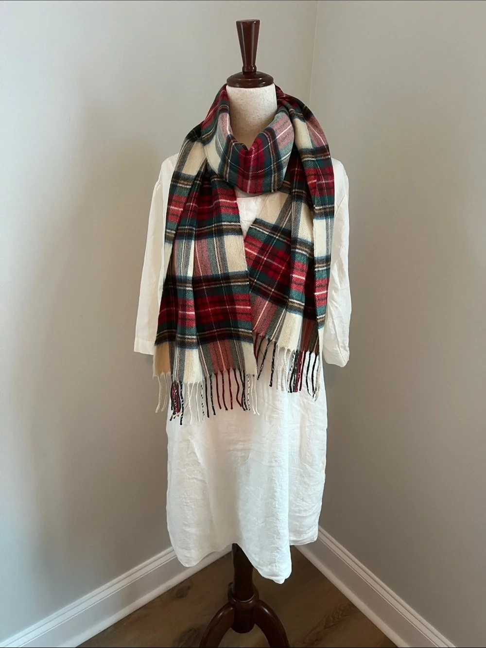 Classic Red Plaid Cream & Green Fringe Scarf Timeless Size 74” L x 12.25” W